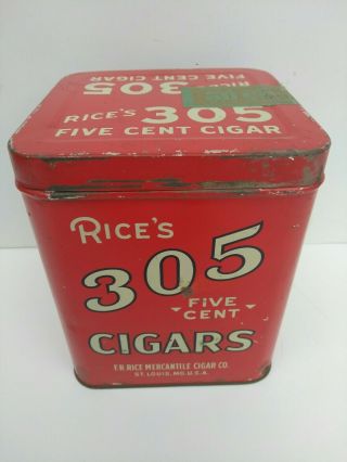 RARE 1900s ANTIQUE VINTAGE RICE ' S 305 FIVE CENT CIGAR TOBACCO TIN HUMIDOR 2