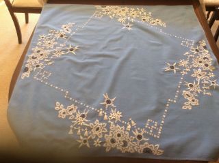 Blue Vintage Hand Embroidered Linen Tablecloth - (w)