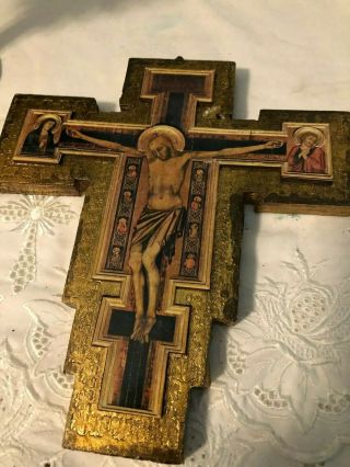Glorious Rare Antique Vintage Florentia Wood Crucifix W/ Virgin Mary & Saints