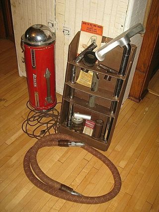 Rare Vintage Red Zenith Canister Vacuum With Attachments & Booklet 1940 