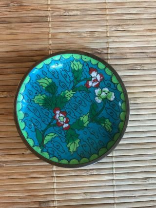 Antique Chinese Cloisonne Small Dish Blue Floral Plate 3.  75 "