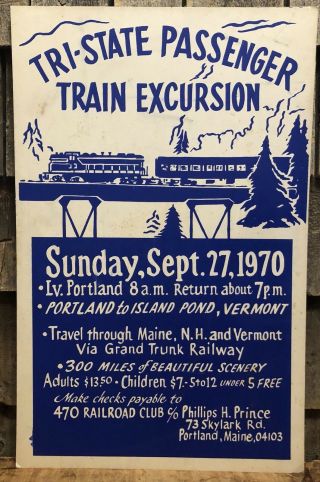 RARE Vintage 1970 Maine - Hampshire - Vermont Train Excursion Poster Sign 2