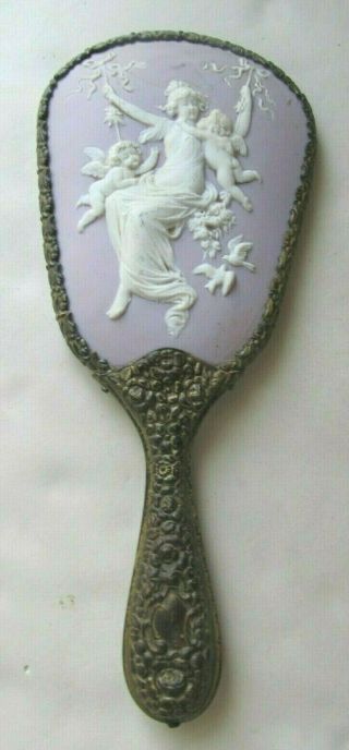 Antique Wedgwood Embossed Porcelain Vanity Hand Mirror Cherubs Doves Goddess