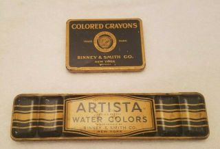 Ultra Rare Vintage Tins Colored Crayons And Artista Watercolor By Binney & Smith