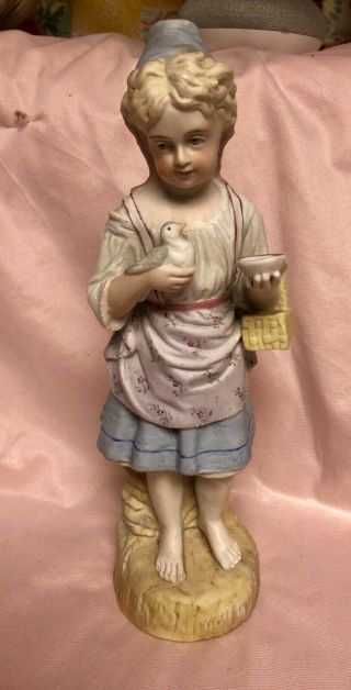 Gebruder Huebach German Bisque Porcelain Girl & Bird Figurine Piano Baby