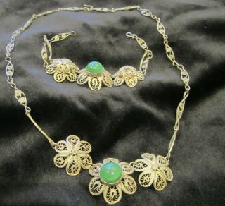 Rare Antique Vintage Art Deco Filigree Necklace 17 " & Bracelet