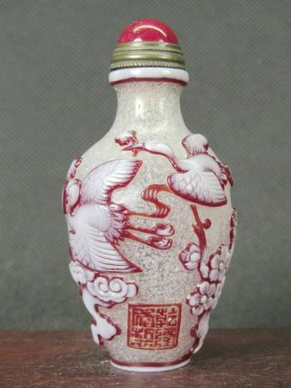Chinese Crane Deer Carved Peking Overlay Glass Snuff Bottle