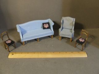Vintage Miniature Dollhouse Livingroom Set Couch Wood Chairs Needlepoint