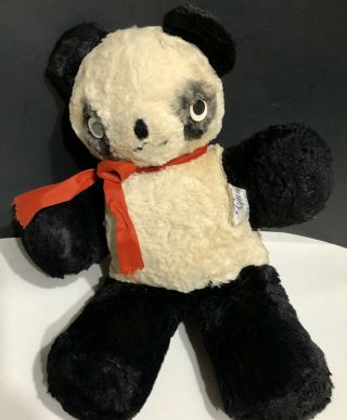 Vintage Gund Swedlin Plush Panda Teddy Bear 1950s 15 " Black & White Ribbon