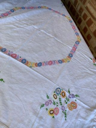 Lovely Large Vintage Floral Hand Embroidered Linen Tablecloth 48 X 48 "