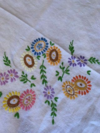 Lovely Large Vintage Floral Hand Embroidered Linen Tablecloth 48 x 48 