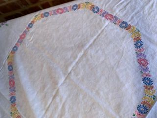 Lovely Large Vintage Floral Hand Embroidered Linen Tablecloth 48 x 48 