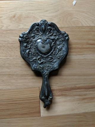Antique Victorian Silver Plated Hand Mirror With Cherubs Cherub 1910