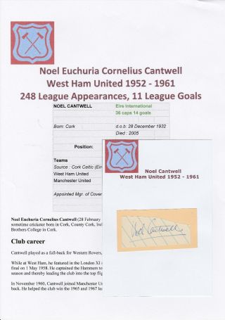 Football Autograph Noel Cantwell West Ham United 1952 - 1961 Rare Signed