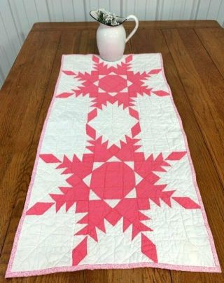 Pink Vintage Feathered Star Table Quilt Runner 38 X 19 Cottage