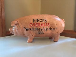 Fincks Overalls Cast Iron Piggy Bank Vintage Antique Advertisement
