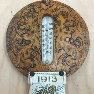Rare Antique Flemish Pyrography Calendar & Thermometer With Lions 1913