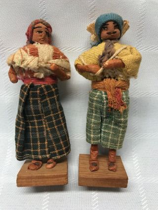 Vintage Guatemalan Dolls Cloth Wrapped Paper Husk Covered Wire Rare Man & Woman