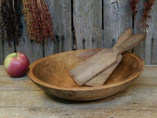 Early Antique Primitive Wood Dough Bowl W/ Butter Paddles Aafa