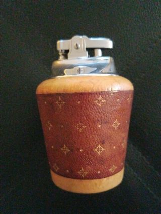 Rare Art Deco Leather And Wood Ronson Table Lighter Vintage Round Fancy Antique