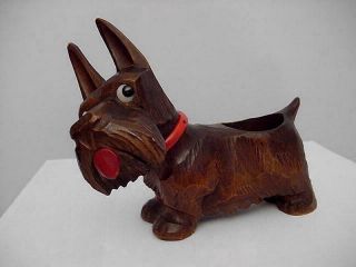 Vintage Wooden Treen Figure - Carved Scottie Dog With Glass Eyes - Black Forest