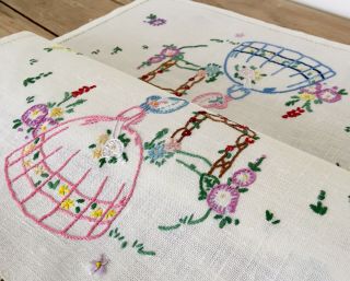 Vintage Hand Embroidered Linen Crinoline Lady Tray Cloth Country Garden No.  22