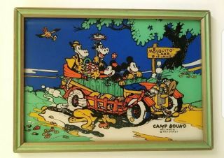 Rare Vtg 1930s Walt Disney Reliance " Camp Bound " Reverse Glass Painted Wall Art