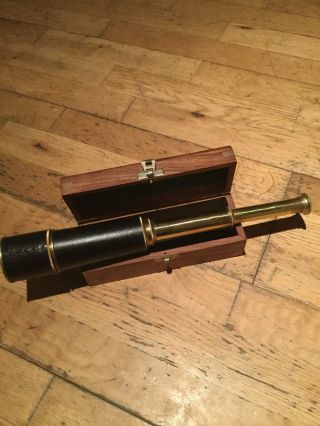 BRASS NAUTICAL COLLECTIBLE TELESCOPE WITH WOOD BOX 16.  5 inches long. 2