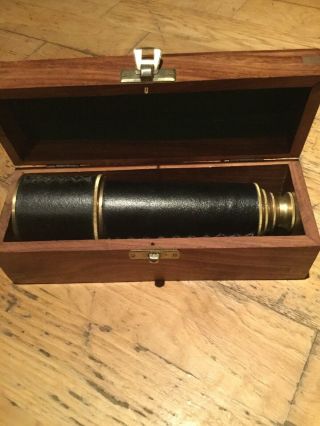 BRASS NAUTICAL COLLECTIBLE TELESCOPE WITH WOOD BOX 16.  5 inches long. 3