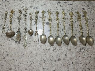Vintage Demitasse Silver Plated Set Of 13 Silverwear Stamped Italy Knife Spoon,