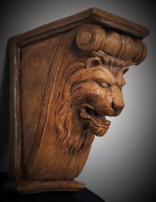 Lion Face Scroll Corbel Bracket Shelf Architectural Accent Wood Stained