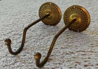 Vintage Set Of Two Brass Coat / Hat Wall Mount Round Metal Hooks