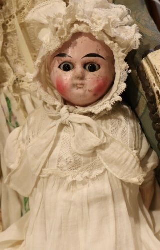 17 " Antique C1840 Wax Over Paper Mache Glass Eyed Doll W/bald Head & Orig Outfit