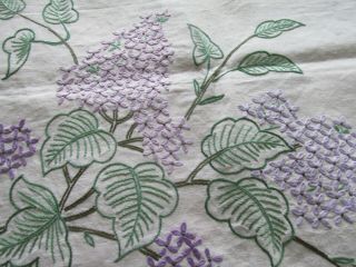 Vintage Hand Embroidered Linen Tablecloth - Lilac Blossom & Foliage