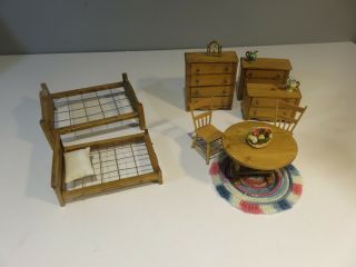 Doll House Furniture Dressers,  Rug,  Table,  Bench,  Chair Light Wood,  Trundle Bed