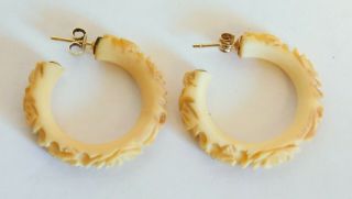 Wonderful Antique 14k Gold Carved Bovine Bone Flower Hoop Earrings