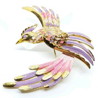 Rare Vintage Signed Vendome Gold Tone Pink/purple Enamel Flying Phoenix Brooch