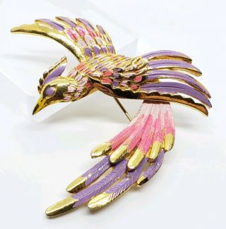 Rare Vintage Signed Vendome Gold Tone Pink/Purple Enamel Flying Phoenix Brooch 2