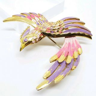 Rare Vintage Signed Vendome Gold Tone Pink/Purple Enamel Flying Phoenix Brooch 3