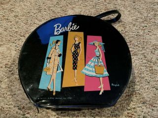 1961 Barbie Ponytail Round Black Vinyl Accessories Case Hatbox W Clothing