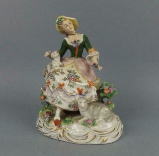 Antique Porcelain Figurine Sitzendorf Of A Young Lady With A Dog Circa 19 C