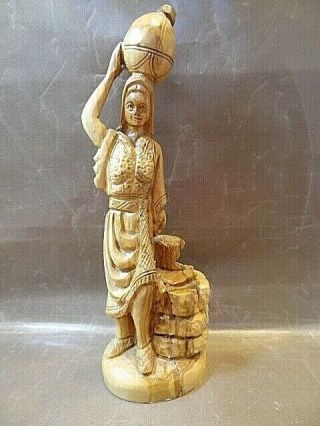 Wooden Hand Carved Woman At Well With Water Vessel On Head,  Made From 1 Piece