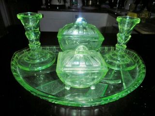 Rare Sowerby Art Deco Uranium Green Glass Sunray Dressing Table Trinket Set 7pce