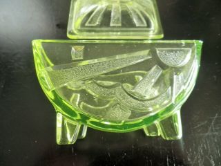 RARE Sowerby Art Deco URANIUM GREEN glass SUNRAY dressing table trinket set 7pce 2