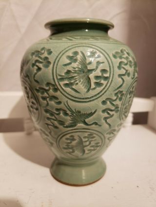 Korean Celadon Crackle Vase Hand Carved Pheonix Antique Vase Artist Signed