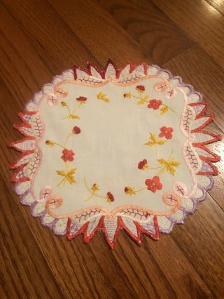 Antique Society Silk Embroidery On Off White Linen Doily Pink Flowers