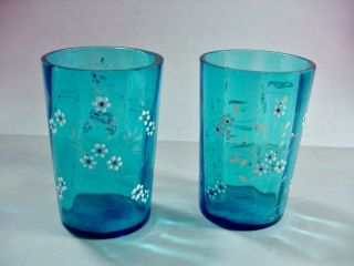 Antique Victorian Blue / Teal Glass Hand Painted Juice Lemonade Glasses