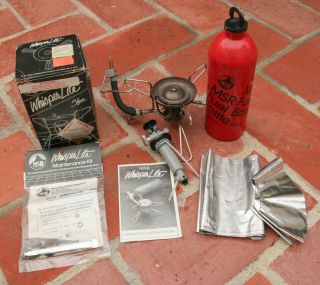 Vintage Msr Whisperlite Gas Camp Stove & Fuel Bottle • Backpacking • Made In Usa