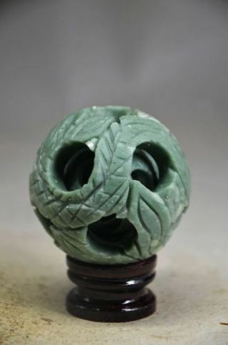 Splendiferous Chinese Jade Hand - Carved 3 Layers Puzzle Ball,  With Base A01