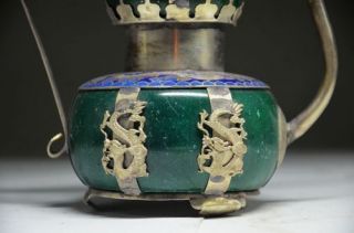 Delicate Chinese Silver Dragon Inlaid Jade Carved Monkey Teapot